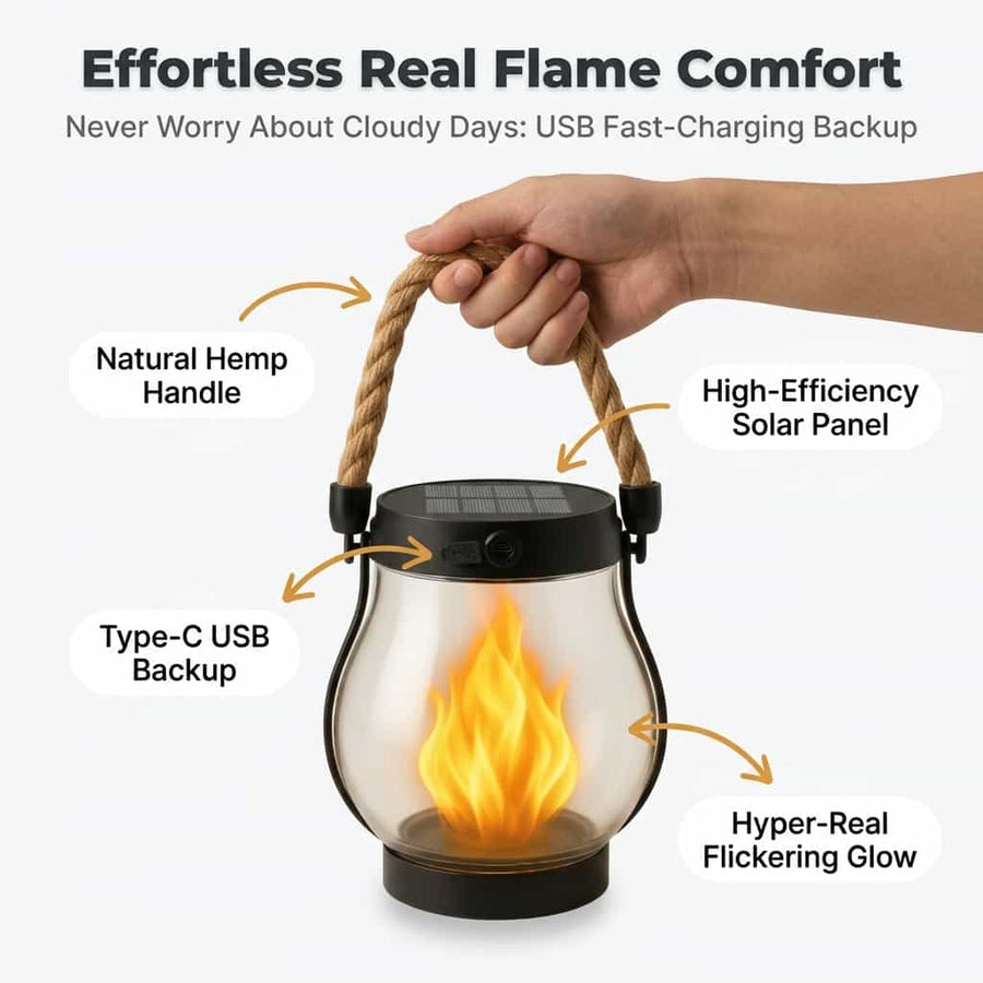 Solar flame lantern features