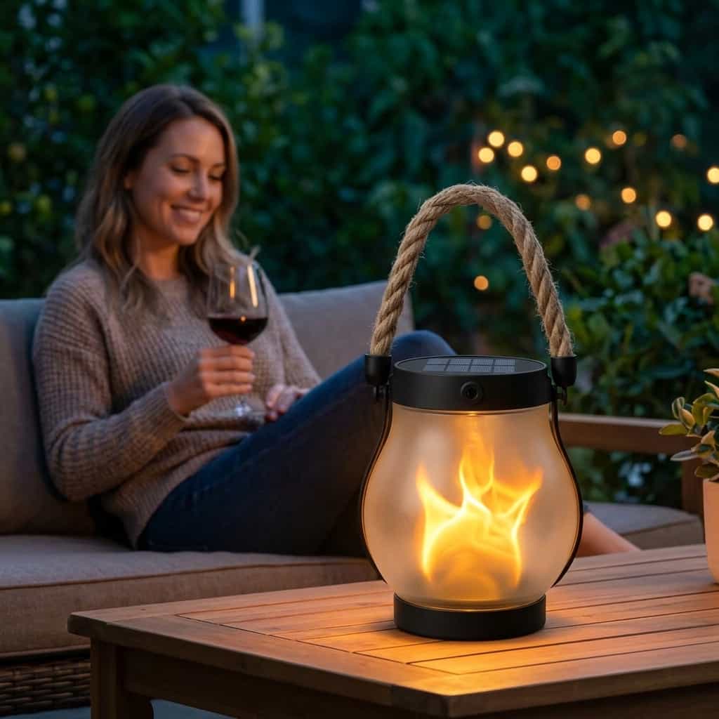 Solar flame lantern glowing on a patio table in the evening