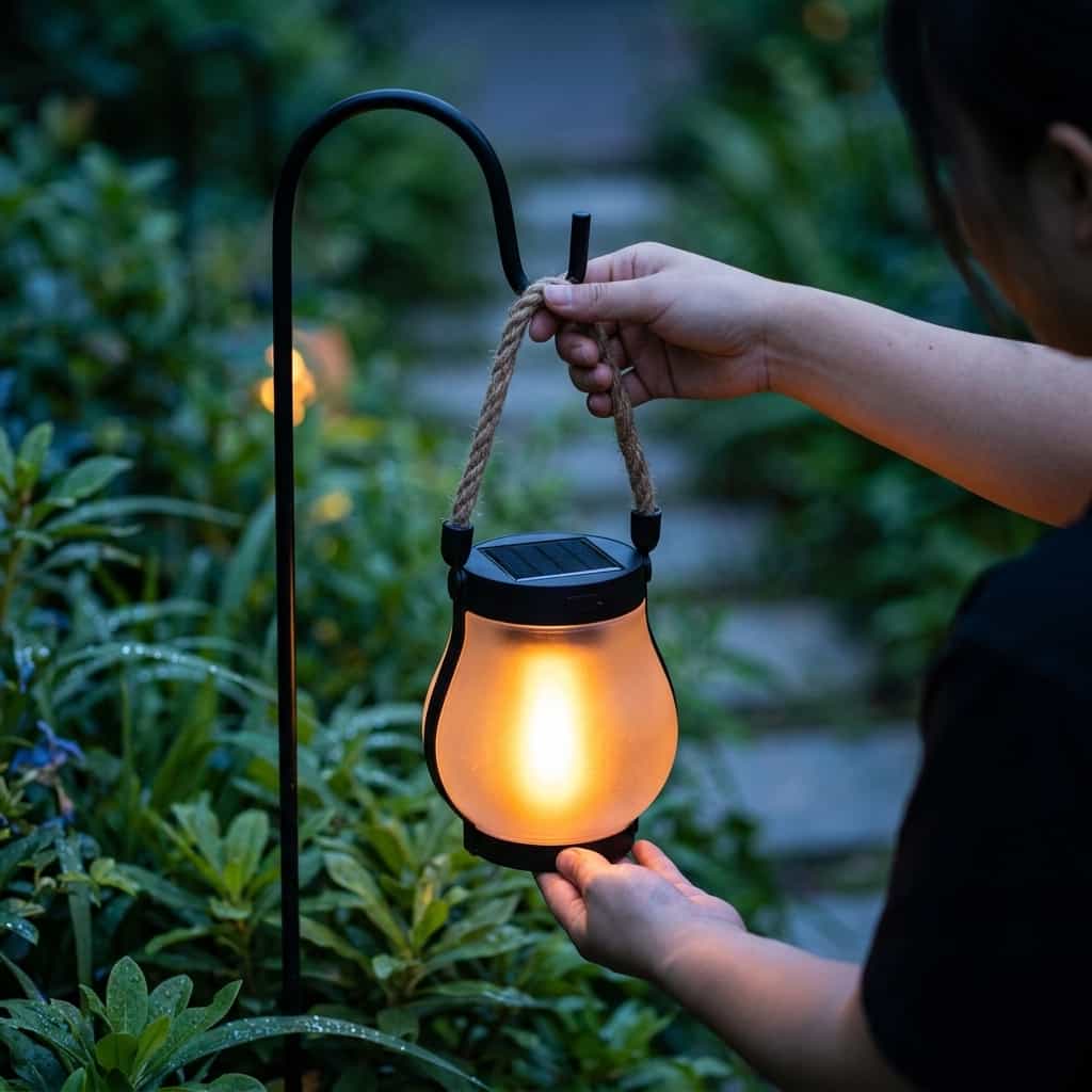 Hand hanging the solar flame lantern on a garden hook at dusk