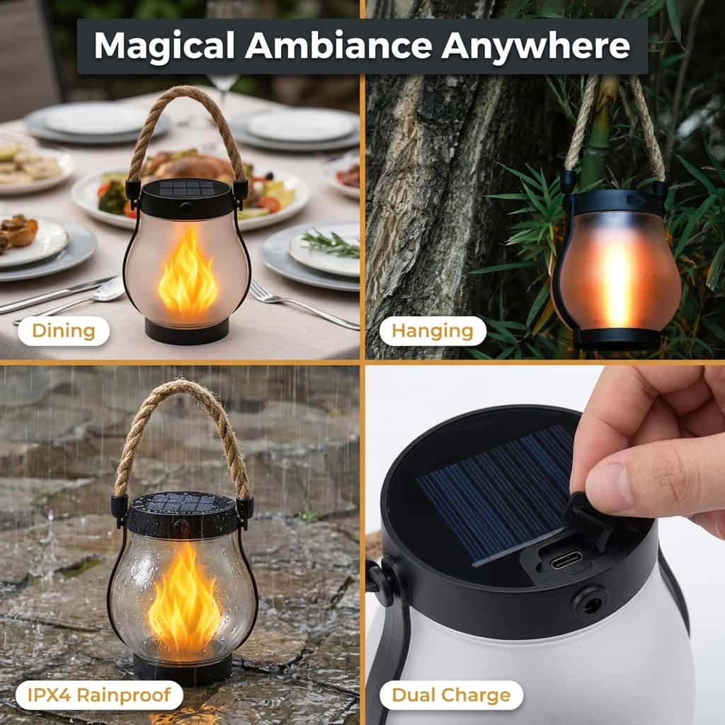 Solar flame lantern in different settings