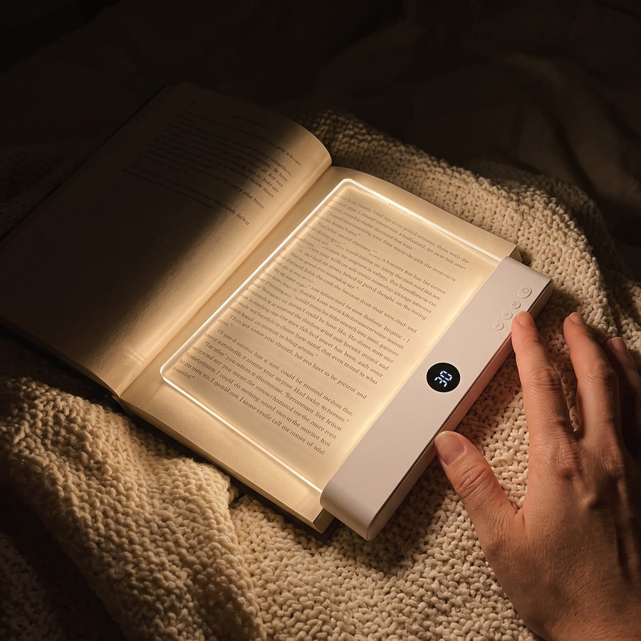 Hands laying the Hush & Page reading light on an open paperback in a dark bedroom