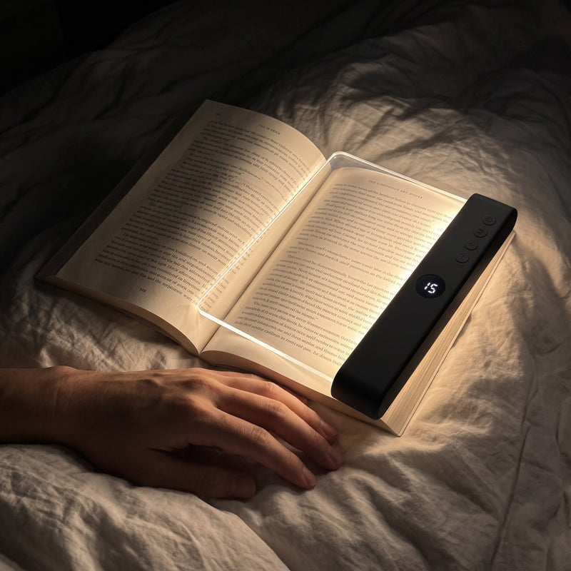 The black reading light on an open paperback beside a sleeping reader's hand, timer showing